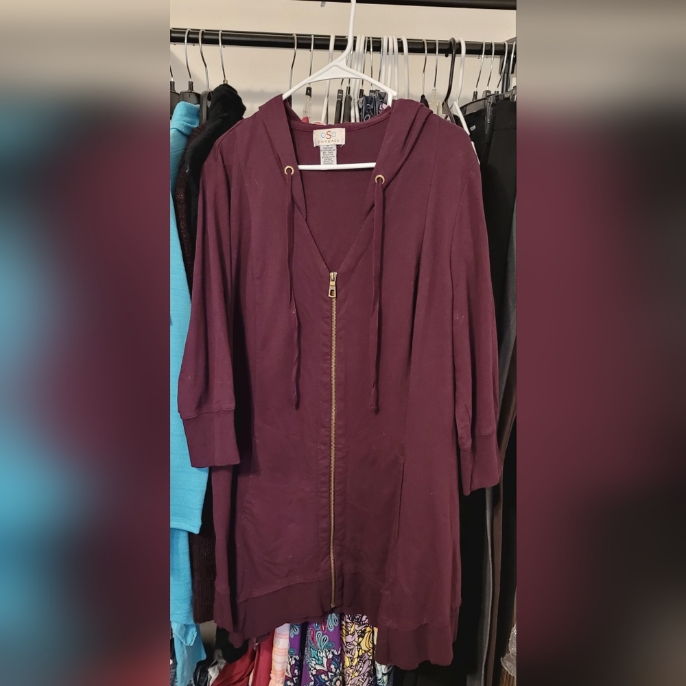 ***3/$20**Womens Size 1X OSO Casuals 3/4 Sleeve Hooded Shark bite Full Zip Tunic